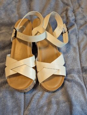 White Crisscross Cork Wedge Sandals